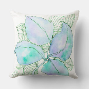 Cojín Decorativo Hojas botánicas acuarelas de verde menta y lavanda