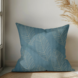Cojín Decorativo Hojas Botánicas Boho Modernas sobre Tela Azul Océa