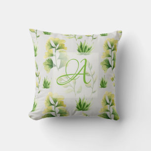 Cojín Decorativo Hojas Botánicas Monogramadas Acuarela Deco Verde