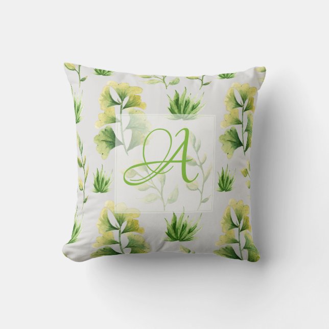 Cojín Decorativo Hojas Botánicas Monogramadas Acuarela Deco Verde (Anverso)