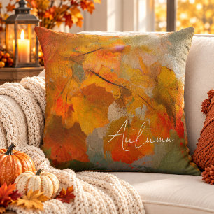 Cojín Decorativo Hojas cálidas de otoño en acuarela abstracta