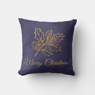 Cojín Decorativo Hojas de Acebo Doradas Feliz Navidad Azul