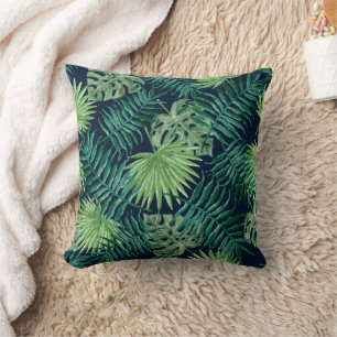 Cojín Decorativo Hojas de acuarela tropicales sobre fondo azul mari