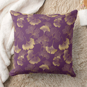 Cojín Decorativo Hojas de Ginkgo de Oro Púrpura Botánica Elegante