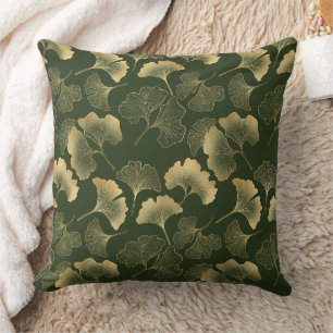Cojín Decorativo Hojas de Ginkgo Doradas Elegantes Esmeralda Verde