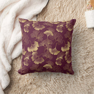 Cojín Decorativo Hojas de Ginko doradas y burgundy elegantes