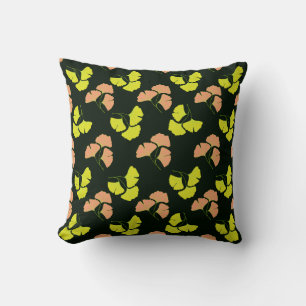 Cojín Decorativo Hojas de Ginko Pastel-Neón sobre Fondo Negro