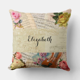 Cojín Decorativo Hojas de música del vintage y arreglo floral