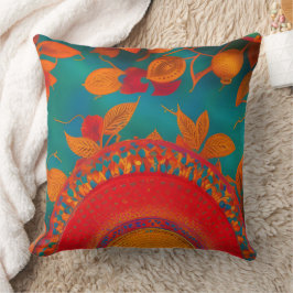 Cojín Decorativo hojas de otoño azules turquesa naranjas rojas dora