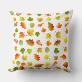 Cojín Decorativo Hojas de otoño doradas, verdes y naranjas sobre bl