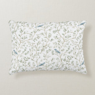 Cojín Decorativo Hojas de pájaros azules blancos románticos