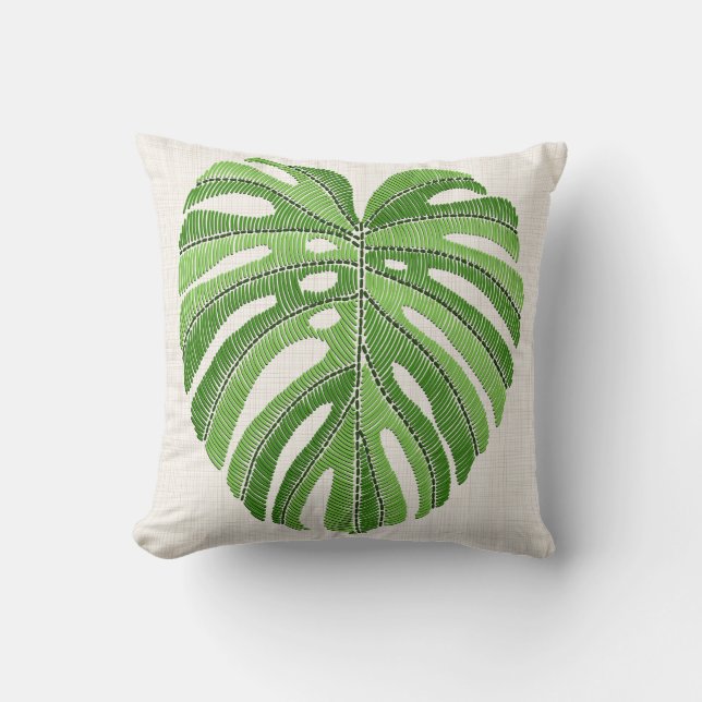 Cojín Decorativo Hojas de palma bordadas. Monstera Tropical Verde l (Anverso)