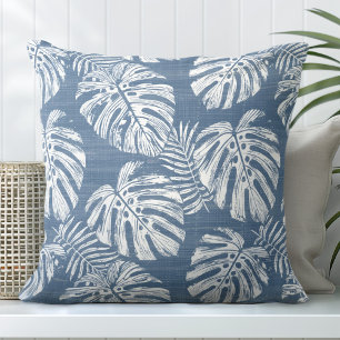 Cojín Decorativo Hojas de Palma Monstera Azules y Blancas