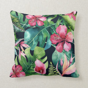 Cojín Decorativo Hojas de palma tropical oscura Hibisco floral Isla