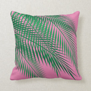 Cojín Decorativo Hojas de palma tropicales en el cielo rosado
