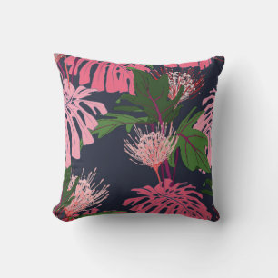 Cojín Decorativo Hojas de palma tropicales verdes y rosas exóticas