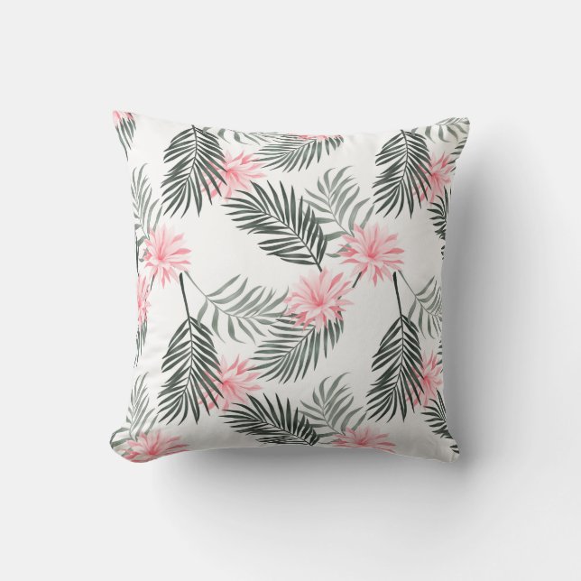 Cojín Decorativo Hojas de palmera gris rosa rosado y tropical, mode (Anverso)