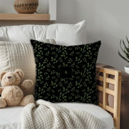 Cojín Decorativo Hojas de patrón negro verde monograma