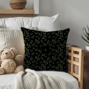 Cojín Decorativo Hojas de patrón negro verde monograma