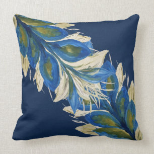 Cojín Decorativo Hojas de Pavo Real Azul Acuarela Pintado a Mano Az