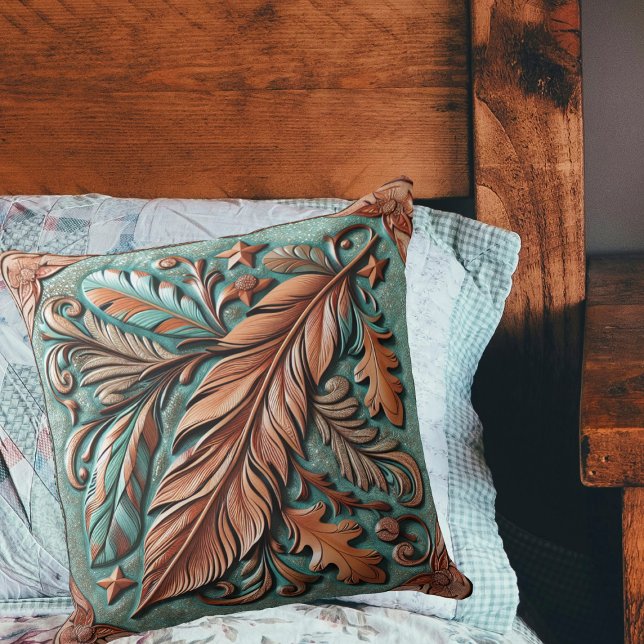 Cojín Decorativo Hojas de plumas de papel de cuero (Tooled Leather Print Feathers Leaves Throw Pillow)