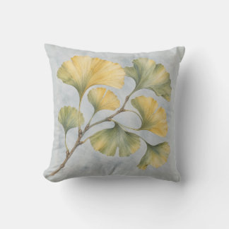 Cojín Decorativo Hojas doradas de Ginkgo Acuarela botánica azul