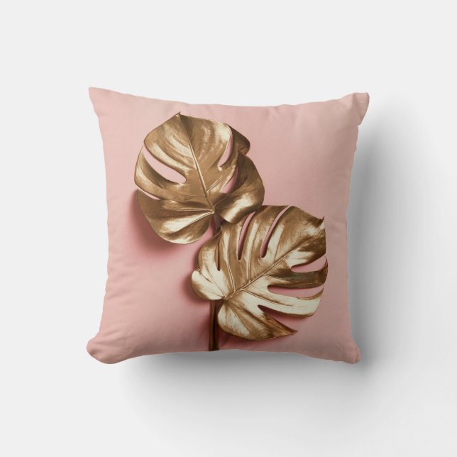 Cojín Decorativo Hojas doradas de lujo monstera. (Anverso)