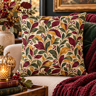 Cojín Decorativo Hojas Elegantes de Otoño en Burdeos, Verde, Mostaz