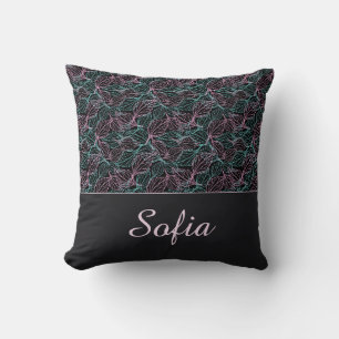 Cojín Decorativo Hojas estilizadas rosadas y turquesas con patrón n