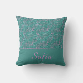 Cojín Decorativo Hojas estilizadas rosadas y turquesas patrón azul