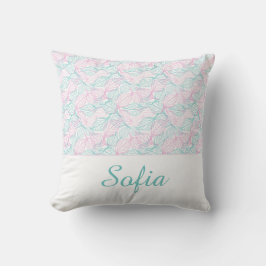 Cojín Decorativo Hojas estilizadas rosadas y turquesas Patrón blanc