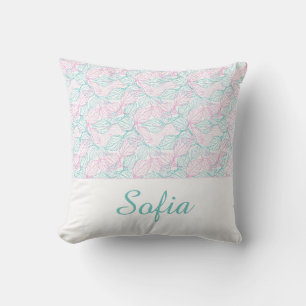 Cojín Decorativo Hojas estilizadas rosadas y turquesas Patrón blanc
