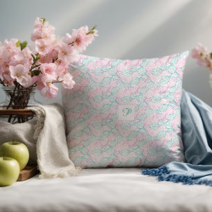 Cojín Decorativo Hojas estilizadas rosadas y turquesas Patrón blanc