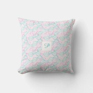 Cojín Decorativo Hojas estilizadas rosadas y turquesas Patrón blanc