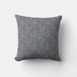 Cojín Decorativo Hojas estilizadas rosadas y turquesas patrón gris