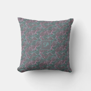 Cojín Decorativo Hojas estilizadas rosadas y turquesas patrón gris
