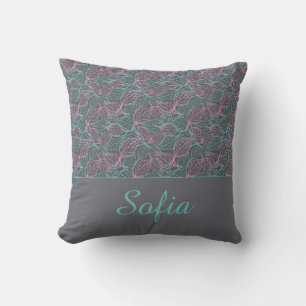Cojín Decorativo Hojas estilizadas rosadas y turquesas patrón gris