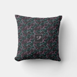 Cojín Decorativo Hojas estilizadas rosadas y turquesas patrón negro