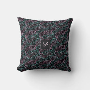 Cojín Decorativo Hojas estilizadas rosadas y turquesas patrón negro