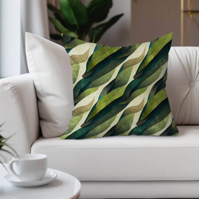 Cojín Decorativo Hojas Marrones Verdes Tonos Terrestres Abstractos (Abstract green leaves decorator pillow)