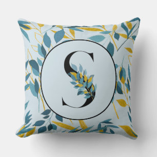 Cojín Decorativo Hojas modernas azul marino letra "S" dorada