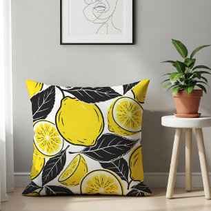 Cojín Decorativo Hojas Negras y Limón Moderno en Patrón Continuo