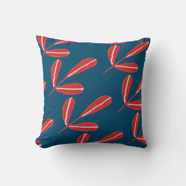 Cojín Decorativo Hojas rojas en azul (Anverso)
