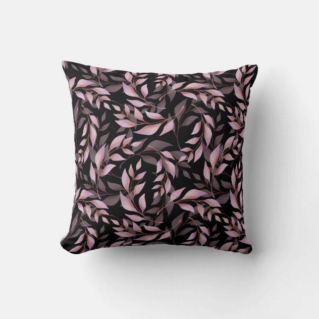 Cojín Decorativo Hojas rosadas pasteles y patrón negro (Anverso)