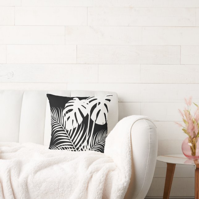 Cojín Decorativo Hojas tropicales 1 blanco sobre negro (Sofá)