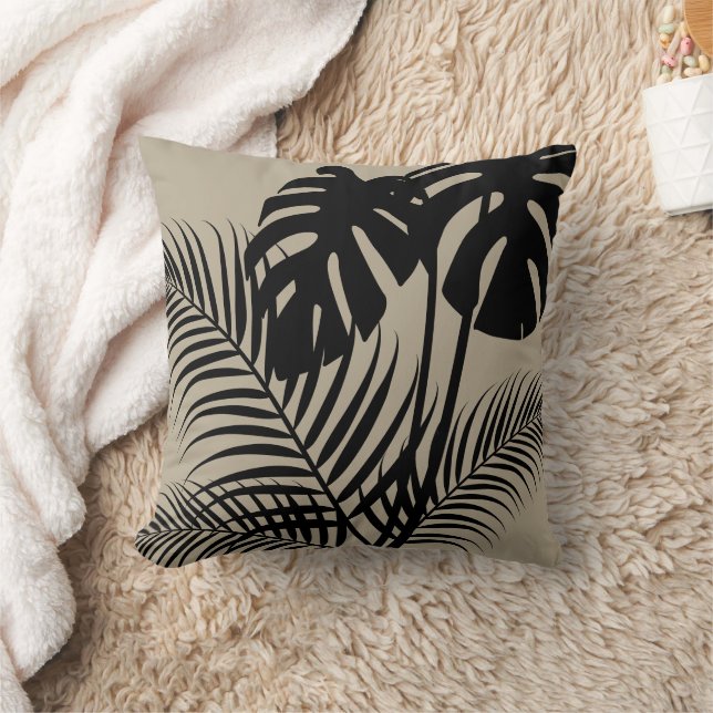 Cojín Decorativo Hojas tropicales 1 negras en Tan (Manta)