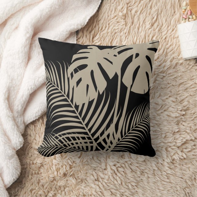 Cojín Decorativo Hojas tropicales 1 Tan en negro (Manta)