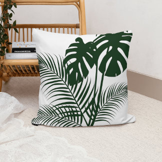 Cojín Decorativo Hojas tropicales 1 verde oscuro sobre blanco