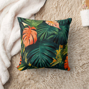 Cojín Decorativo Hojas Tropicales Coloridas y Flores de Hibisco