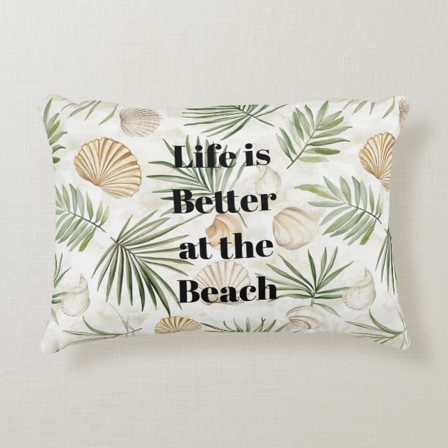 Cojín Decorativo Hojas Tropicales Conchas de Playa (Anverso)